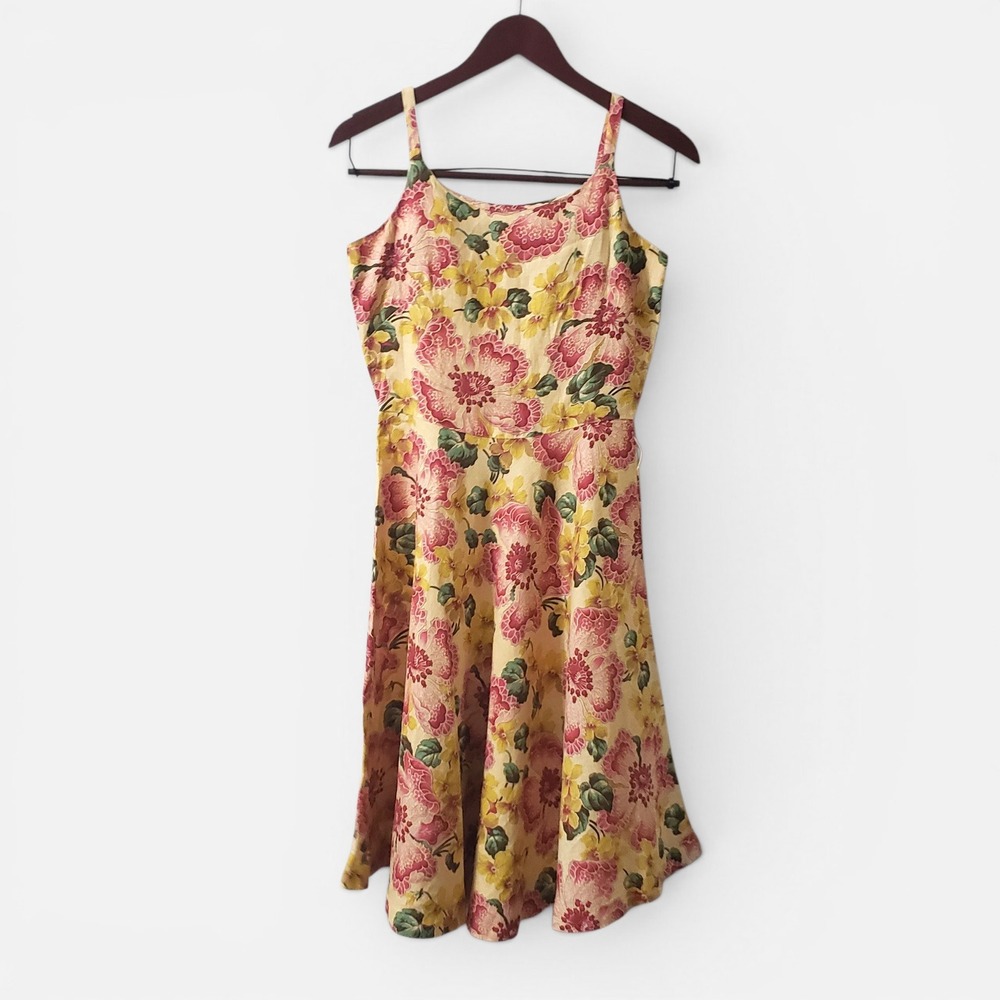 VTG J.P. &‎ Mattie 100% Linen Yellow Floral Fit & Flare Dress Petite 90s Retro